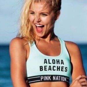 New with tag! PINK Victoria’s Secret light blue sports bra “ALOHA BEACHES” Small